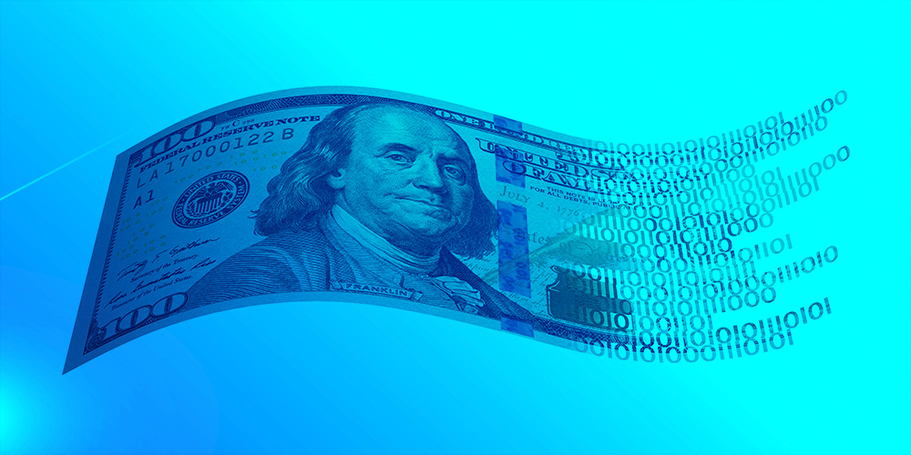 Stylised representation of a US $100 bill turning into digital data